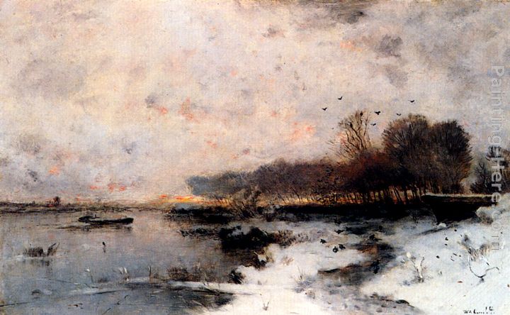 A Winter River Landscape At Sunset painting - Wilhelm von Gegerfelt A Winter River Landscape At Sunset art painting